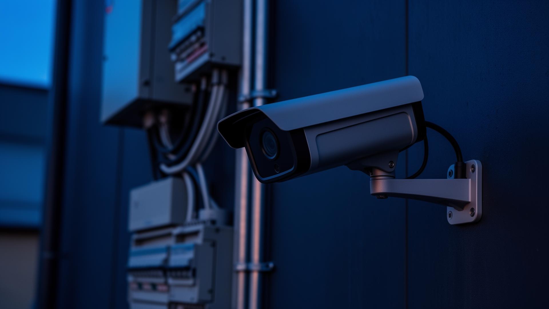 Professionally installed security camera on a Mesa, Arizona commercial building at dusk